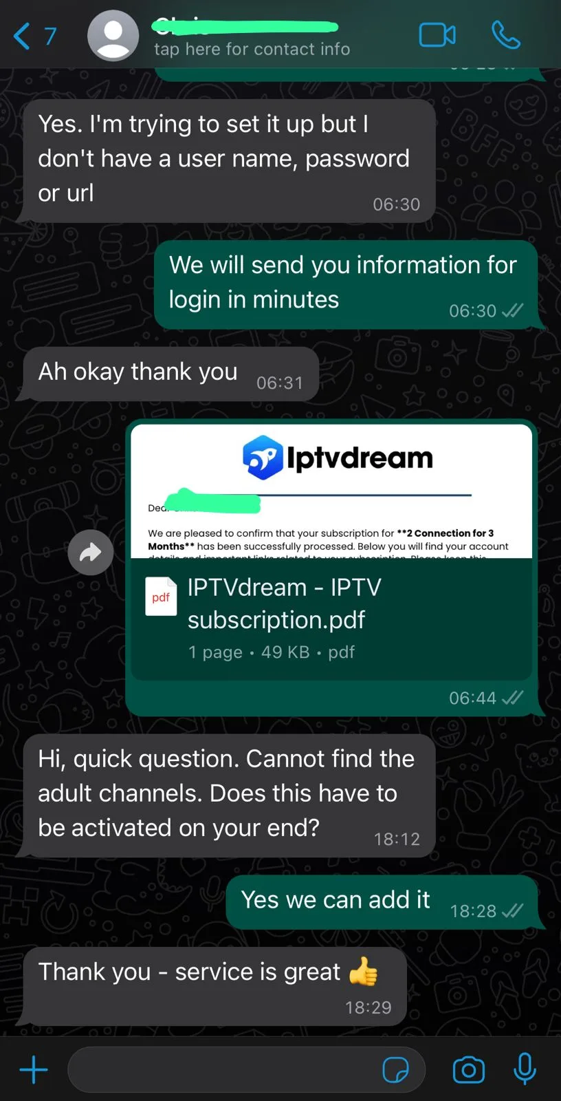 Feedback screenshot showing customer calling IPTVDream the best dream iptv service they ever tried.