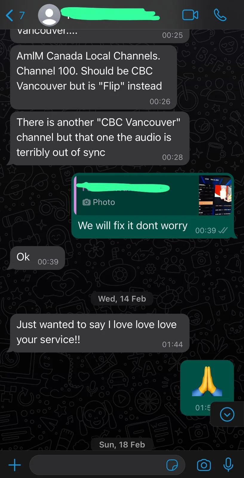 Positive WhatsApp review where client says they love using IPTVDream streaming service.