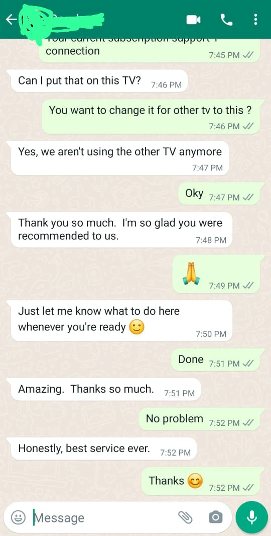Client thanking IPTVDream support for great service and easy installation of dream iptv.